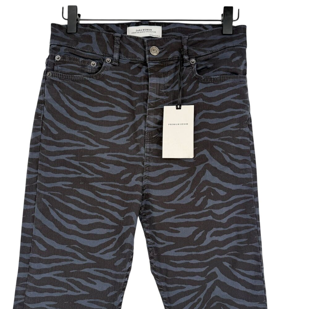 Zara Zebra Print Skinny Jeans 6 High Rise Raw Hem Blue Black Stretch Dark Wash - Picture 3 of 11